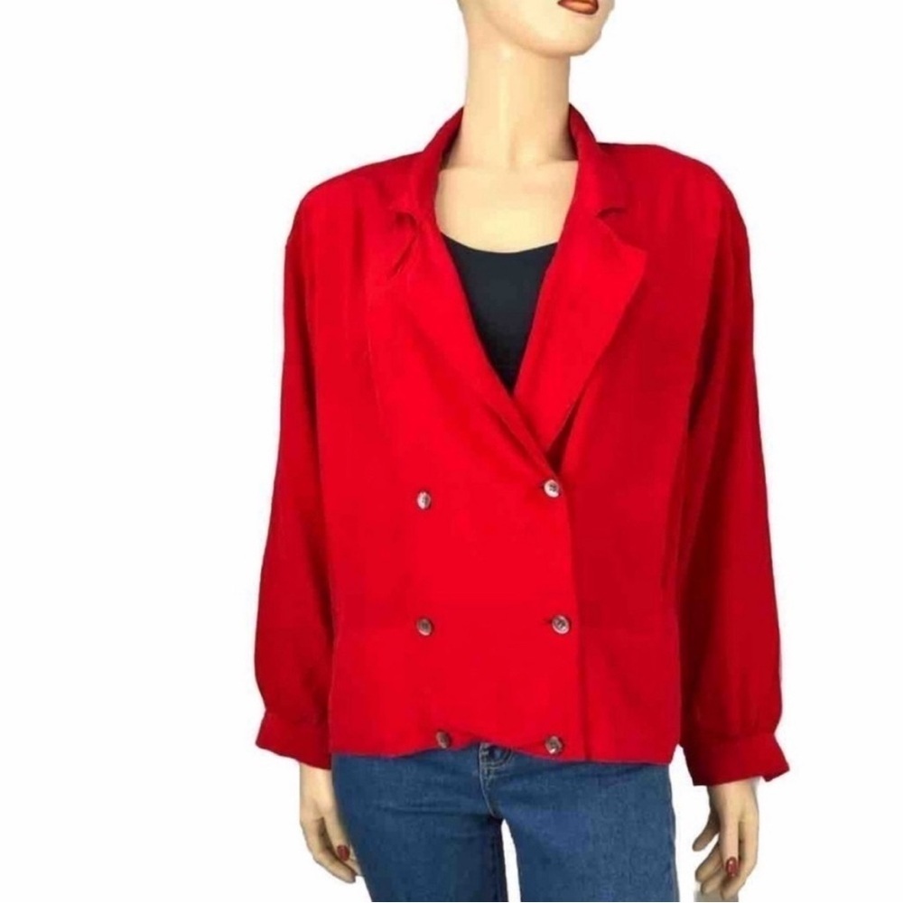 I,magnin Linda Allard For ELLEN TRACY 100% silk red V-neck jacket